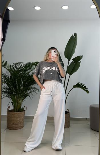 Dökümlü Aerobin Krep Kumaş Beyaz Palazzo Pantolon 