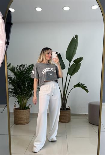 Dökümlü Aerobin Krep Kumaş Beyaz Palazzo Pantolon 