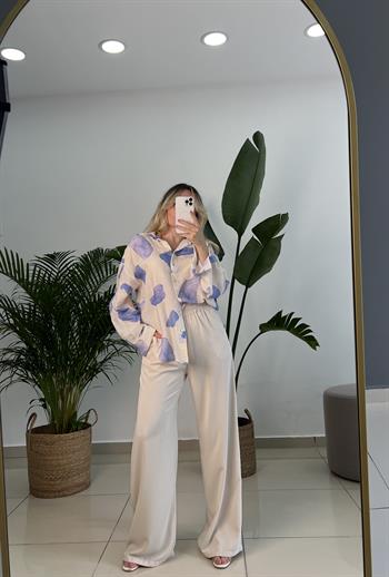 Dökümlü Aerobin Krep Kumaş Taş Rengi Palazzo Pantolon