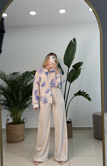 Dökümlü Aerobin Krep Kumaş Taş Rengi Palazzo Pantolon