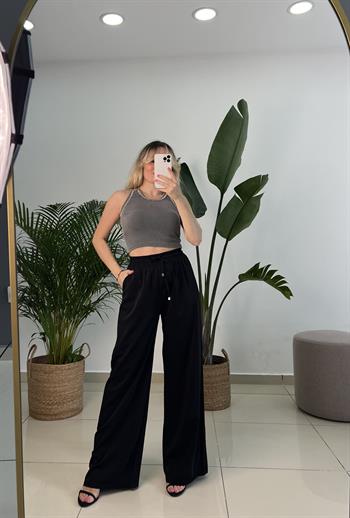 Dökümlü Aerobin Krep Kumaş Siyah Palazzo Pantolon