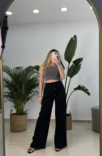 Dökümlü Aerobin Krep Kumaş Siyah Palazzo Pantolon
