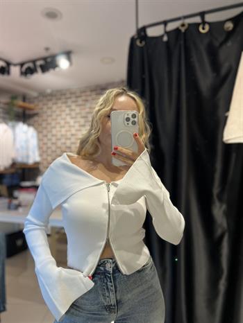 Bardot Yaka Ekru Fermuarlı Triko Hırka