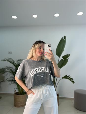 Batik  Desen Yıkamalı  Pamuk Dokuda Antrasit Gri Tişört