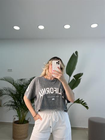 Batik  Desen Yıkamalı  Pamuk Dokuda Antrasit Gri Tişört