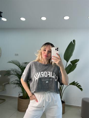 Batik  Desen Yıkamalı  Pamuk Dokuda Antrasit Gri Tişört