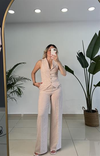 Bej Keten Yelekli Pantolon Takım