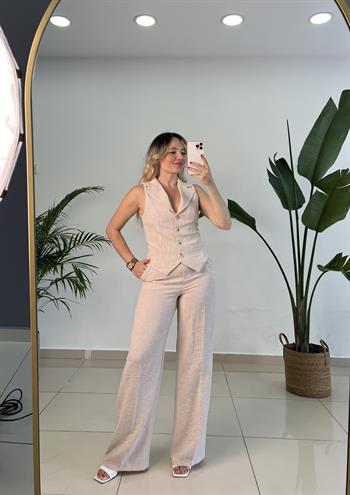 Bej Keten Yelekli Pantolon Takım