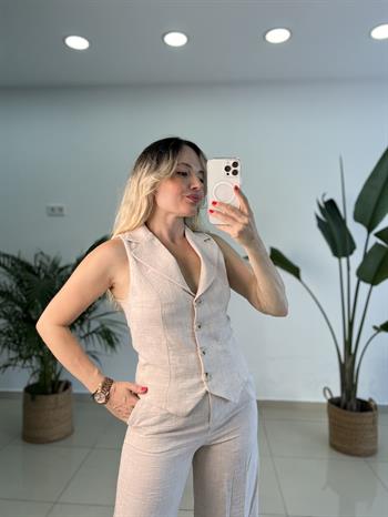 Bej Keten Yelekli Pantolon Takım