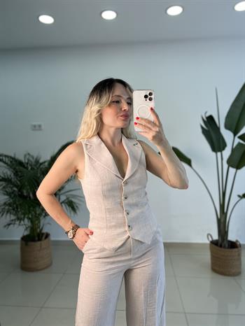 Bej Keten Yelekli Pantolon Takım