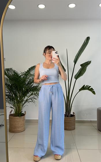 Beli Lastikli İpek Keten Mavi Palazzo Pantolon