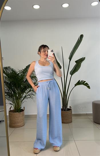 Beli Lastikli İpek Keten Mavi Palazzo Pantolon