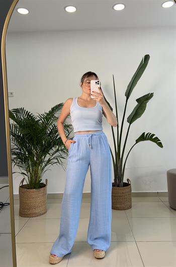 Beli Lastikli İpek Keten Mavi Palazzo Pantolon