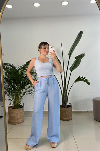 Beli Lastikli İpek Keten Mavi Palazzo Pantolon