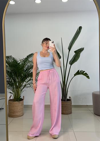 Beli Lastikli İpek Keten Pembe Palazzo Pantolon