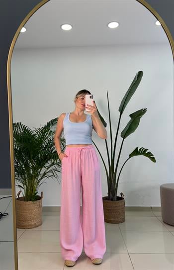 Beli Lastikli İpek Keten Pembe Palazzo Pantolon