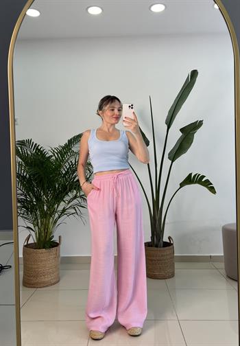 Beli Lastikli İpek Keten Pembe Palazzo Pantolon
