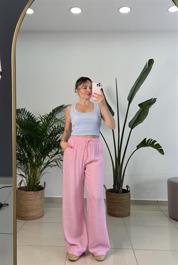 Beli Lastikli İpek Keten Pembe Palazzo Pantolon