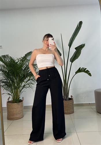 Beli Lastikli İpek Keten Siyah Palazzo Pantolon