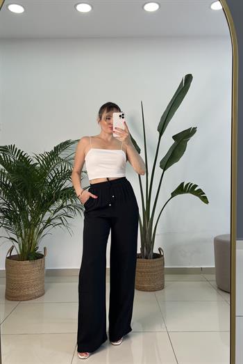 Beli Lastikli İpek Keten Siyah Palazzo Pantolon