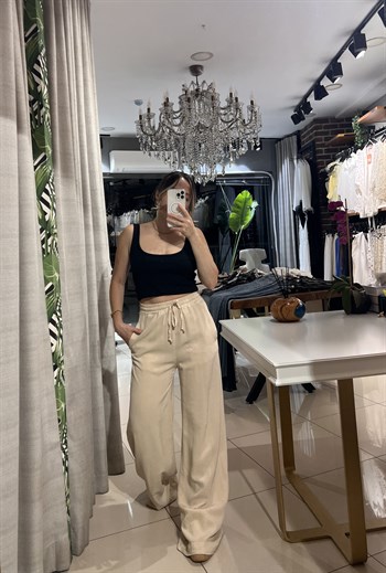 Beli Lastikli Taş Rengi Bol Paça Pantolon