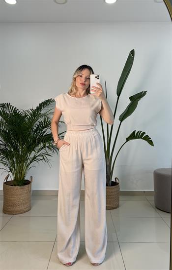 Beli Lastikli Taş Renk Pantolon