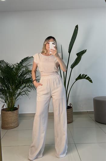 Beli Lastikli Taş Renk Pantolon