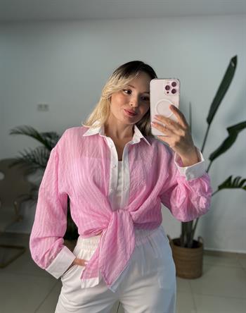 Beyaz Yakalı Çizgili Pembe Gömlek