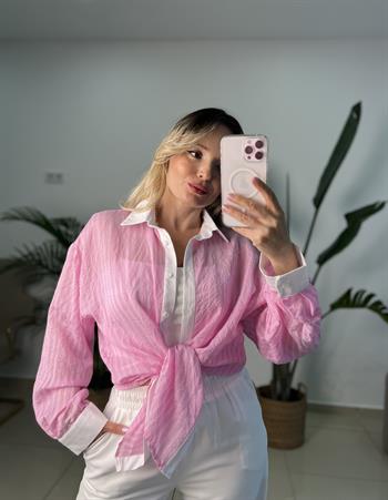 Beyaz Yakalı Çizgili Pembe Gömlek