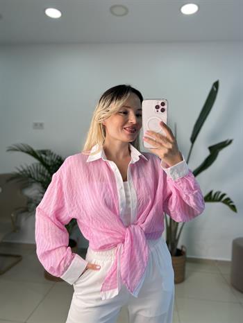 Beyaz Yakalı Çizgili Pembe Gömlek