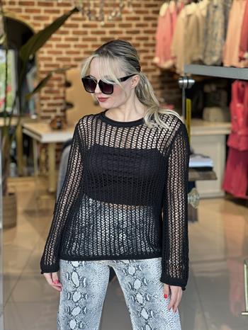 Bisiklet Yaka Ajur Desen Siyah Triko Kazak