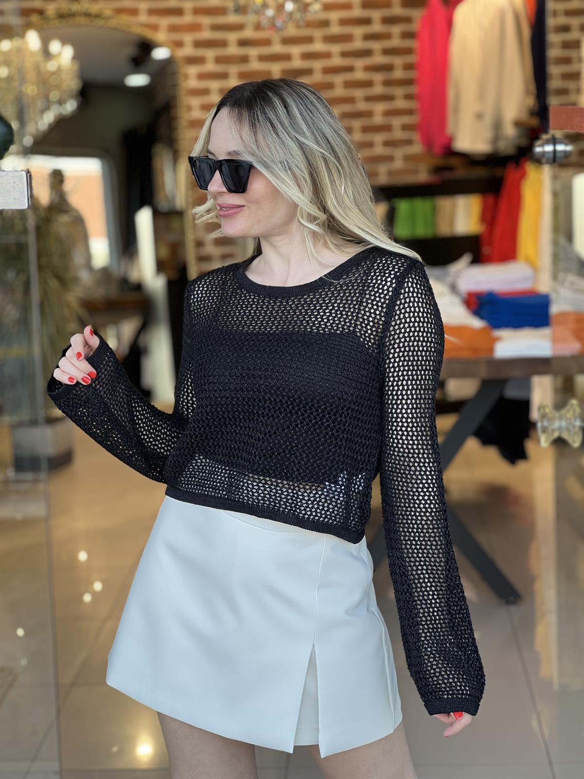 Bisiklet Yaka Ajur Desenli Crop Triko