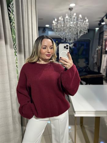 Bisiklet Yaka Angora Bordo Triko Kazak