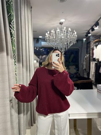 Bisiklet Yaka Angora Bordo Triko Kazak