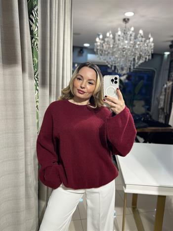 Bisiklet Yaka Angora Bordo Triko Kazak