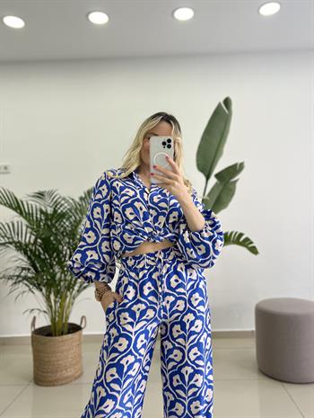 Brokar Kumaş Yarı Parıltılı Mavi Desenli Takım