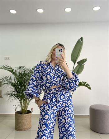 Brokar Kumaş Yarı Parıltılı Mavi Desenli Takım