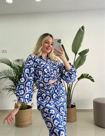 Brokar Kumaş Yarı Parıltılı Mavi Desenli Takım