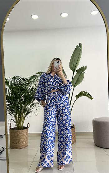 Brokar Kumaş Yarı Parıltılı Mavi Desenli Takım