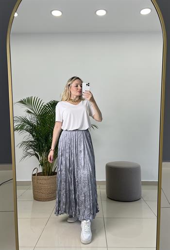 Buruşuk Kumaş Midi Boy Gri Saten Etek 