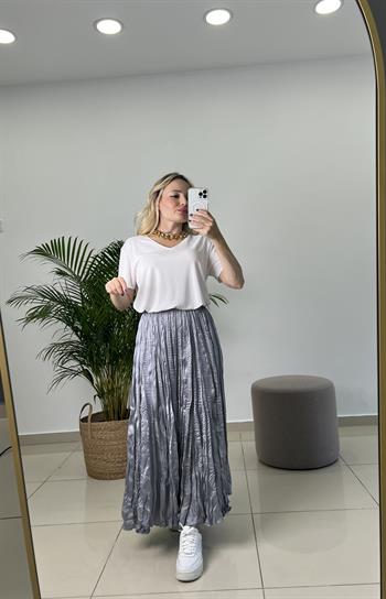 Buruşuk Kumaş Midi Boy Gri Saten Etek 