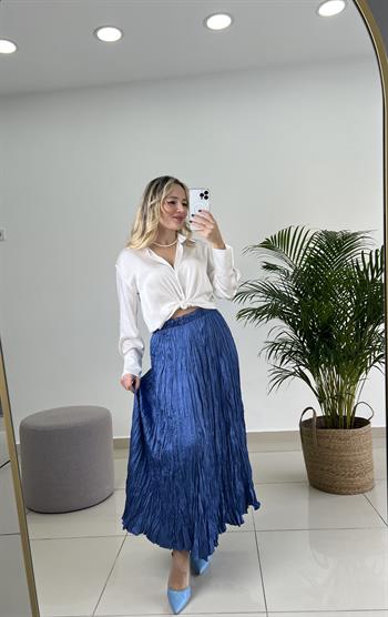 Buruşuk Kumaş Midi Boy Mavi Saten Etek