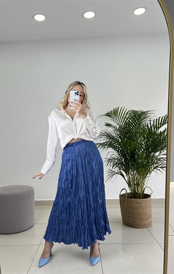 Buruşuk Kumaş Midi Boy Mavi Saten Etek