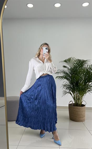 Buruşuk Kumaş Midi Boy Mavi Saten Etek