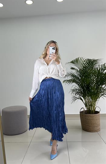 Buruşuk Kumaş Midi Boy Mavi Saten Etek