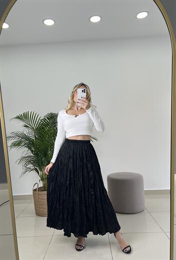 Buruşuk Kumaş Midi Boy Siyah Saten Etek