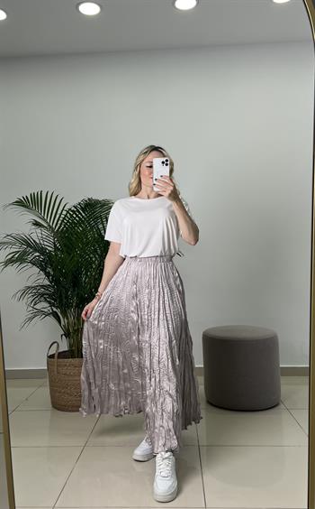 Buruşuk Kumaş Midi Boy Taş Rengi Saten Etek 