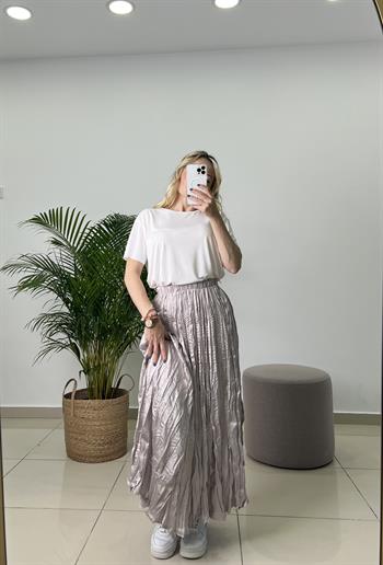 Buruşuk Kumaş Midi Boy Taş Rengi Saten Etek 