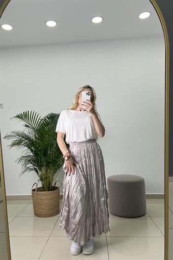 Buruşuk Kumaş Midi Boy Taş Rengi Saten Etek 