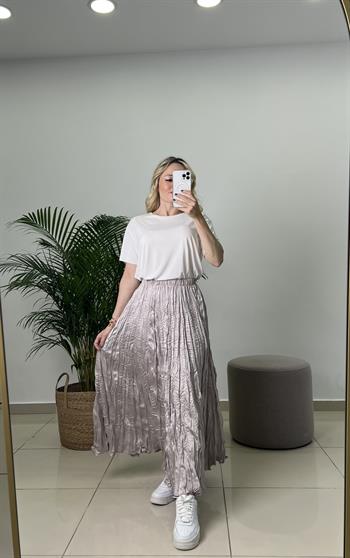 Buruşuk Kumaş Midi Boy Taş Rengi Saten Etek 